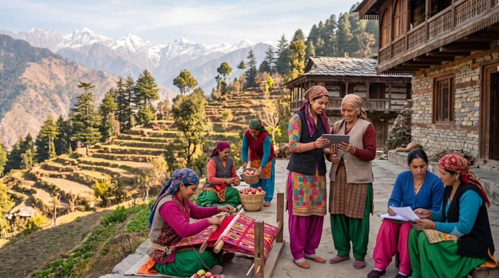 Women in Himachal Pradesh engaged in grassroots empowerment, traditional crafts, and village development